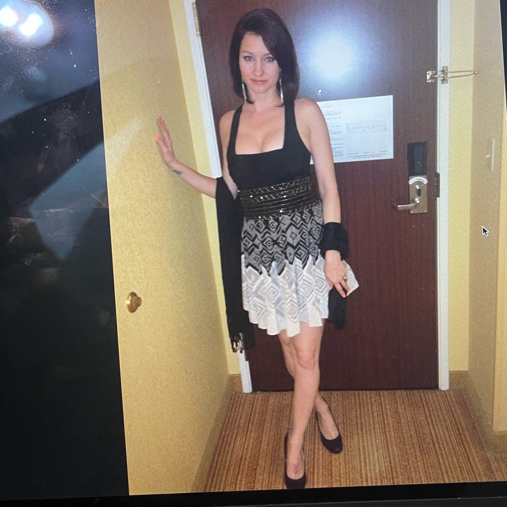 BEBE beaded geometric mini dress